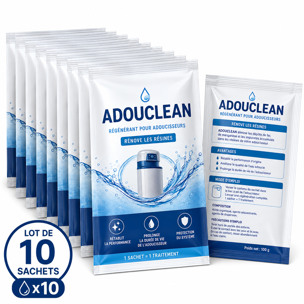 ADOUCLEAN lot de 10 sachets r&eacute;g&eacute;n&eacute;rants pour r&eacute;sines d'adoucisseur