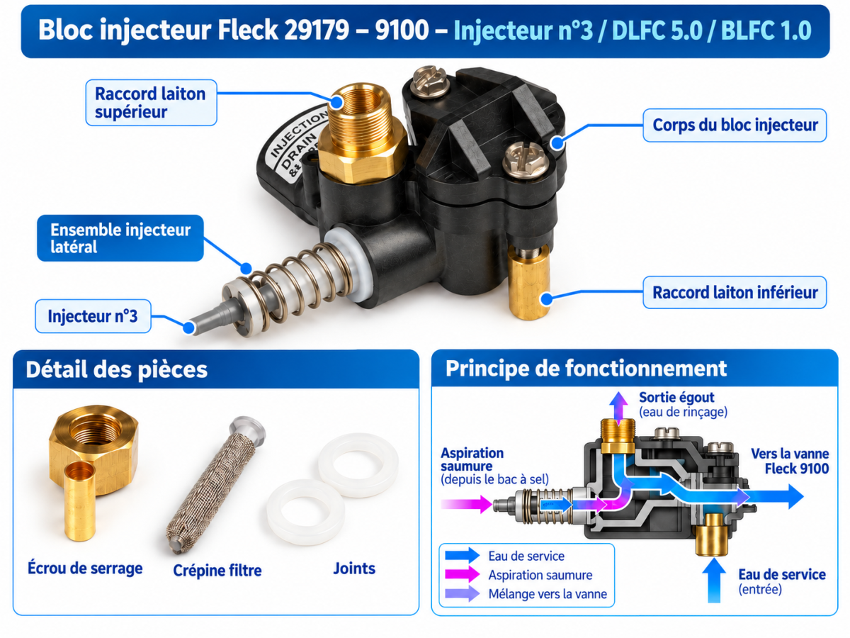 Bloc injecteur Fleck 29179 pour vanne Fleck 9100 injecteur n�3 DLFC 5.0 BLFC 1.0