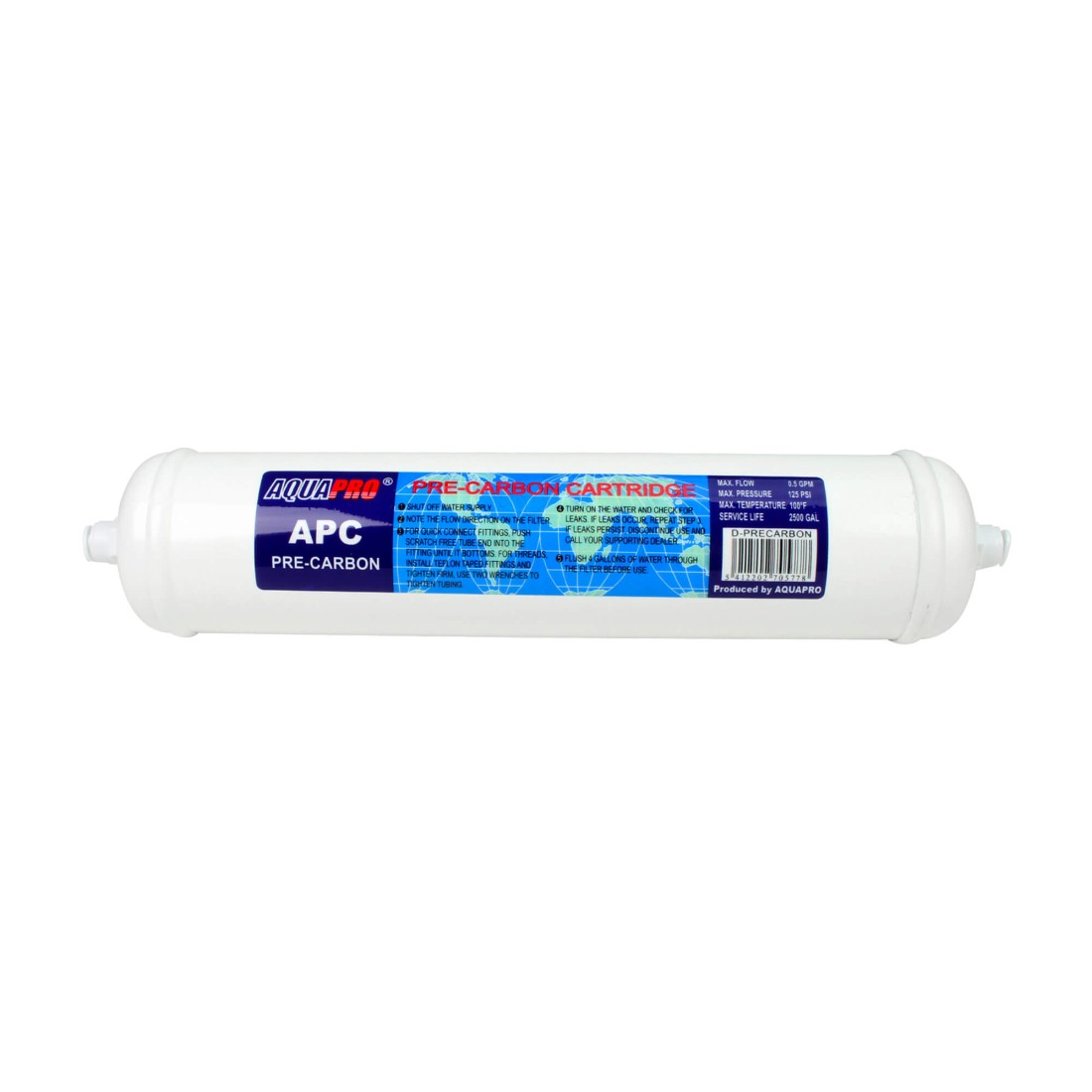 Cartouche en ligne Aquapro D-PRECARBON APC – Filtration Charbon Actif – Avec Raccords Rapides JG 1/4 – 12"