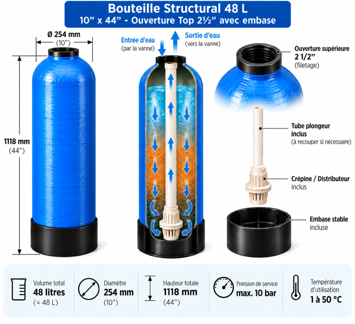 Bouteille Structural 48 L 10 x 44 avec ouverture Top 2� et embase