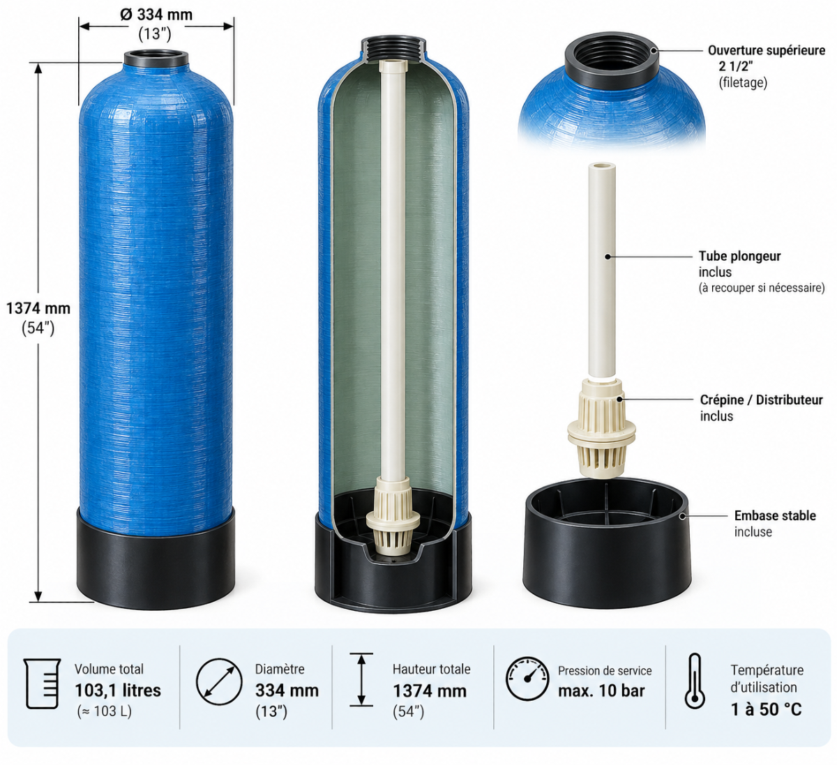 Bouteille Structural 103 litres 13 x 54 pouces avec circulation du fluide