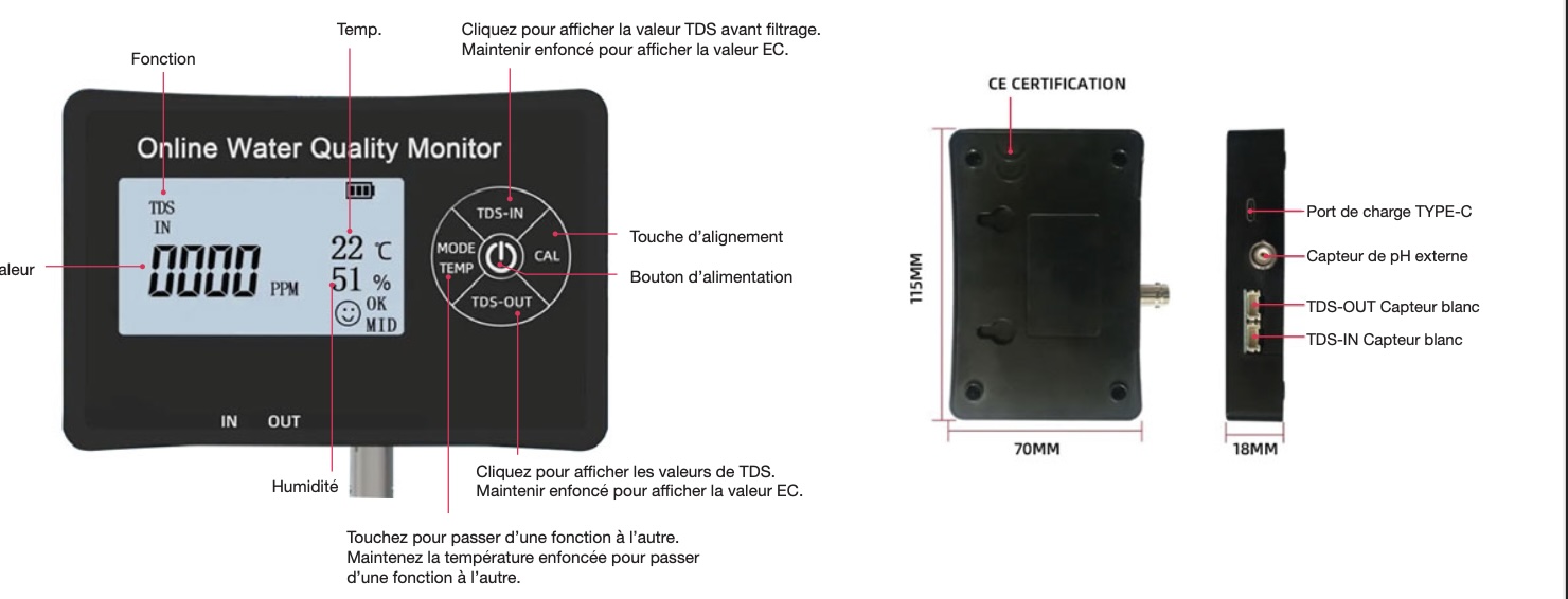 Détecteur de Qualité de l’Eau 5 en 1 – pH / TDS / EC / Température / Humidité – KDI-OS-01