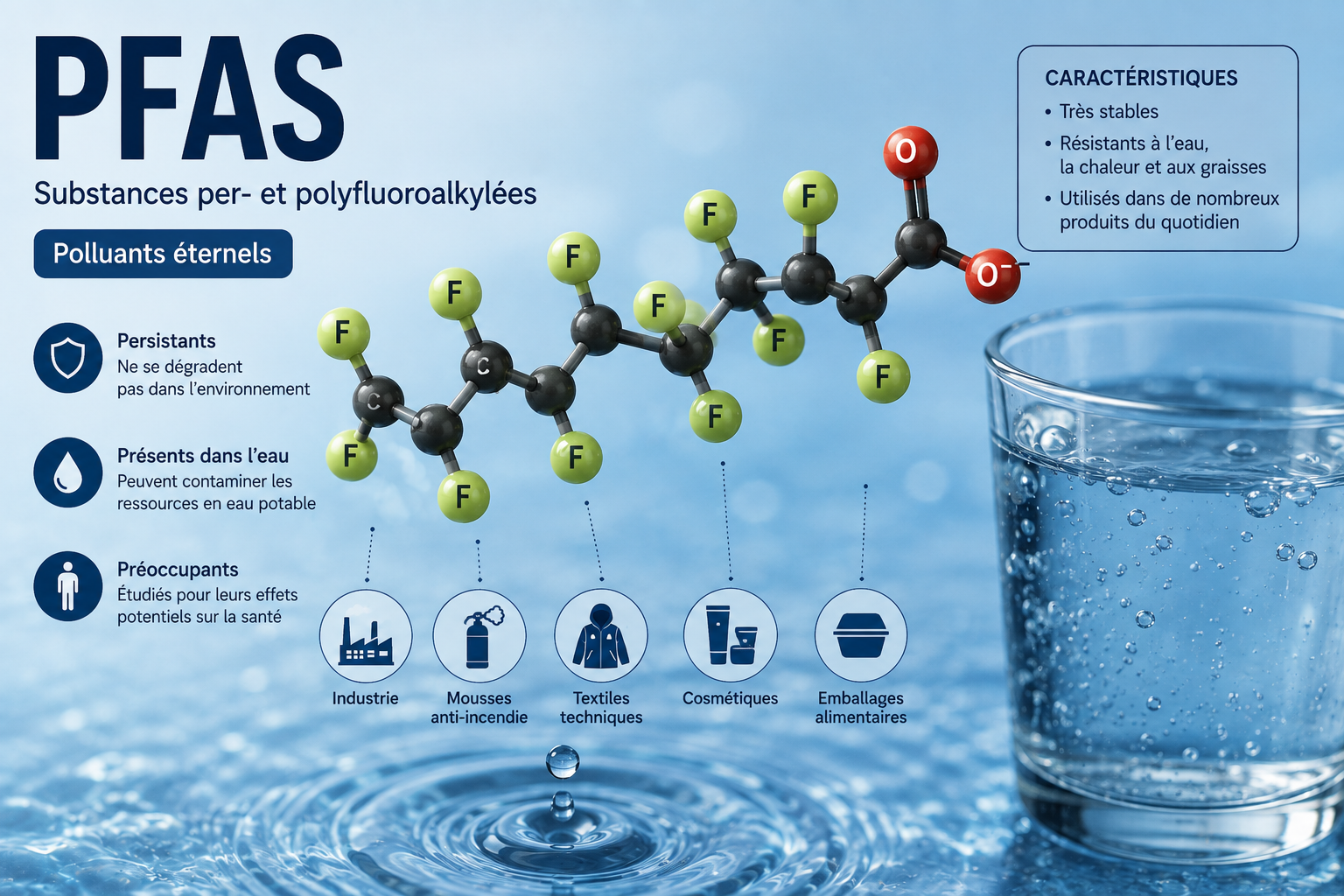 PFAS dans l'eau - substances per et polyfluoroalkylees