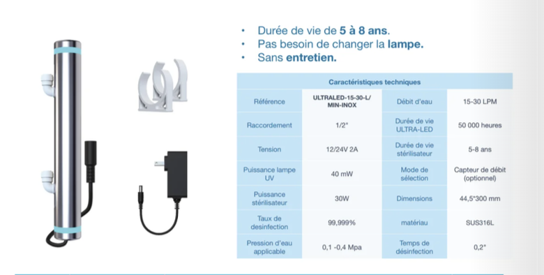 Stérilisateur ULTRA-LED 15-30 L/min inox | UV LED désinfection eau