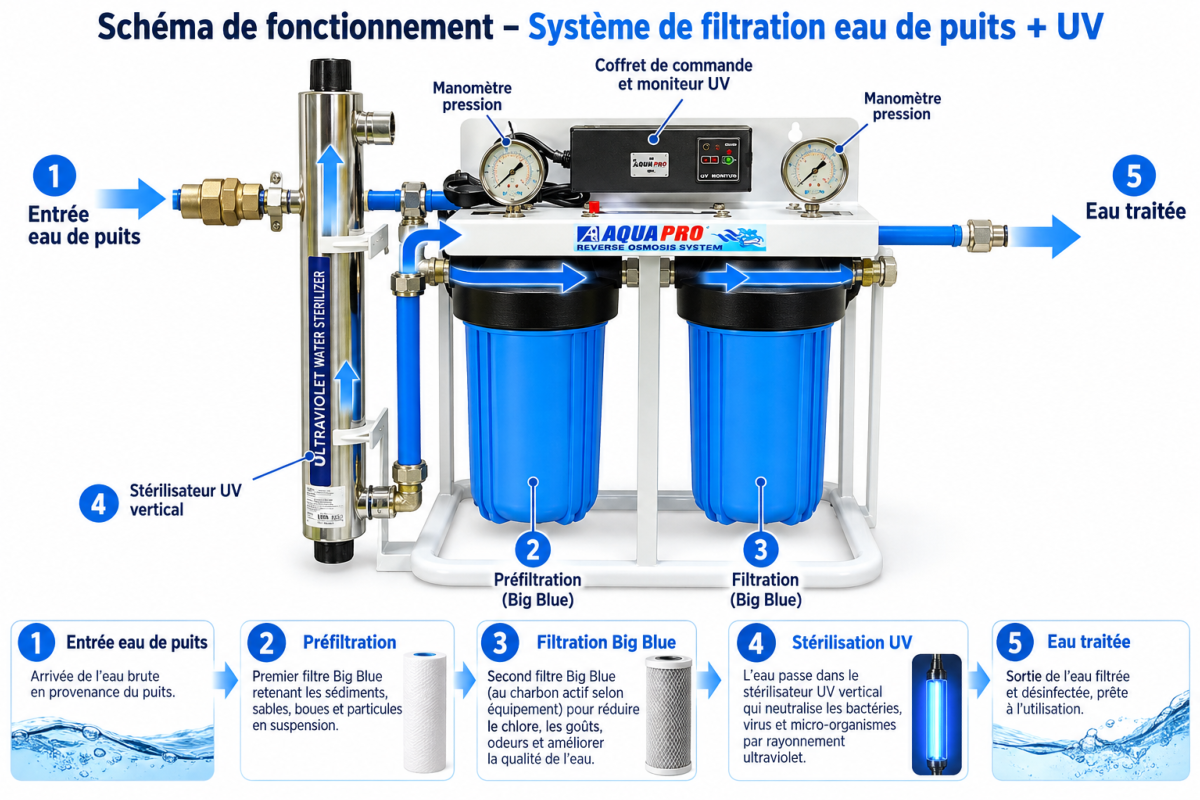 Syst�me de filtration d'eau de puits Big Blue avec st&eacute;rilisation UV
