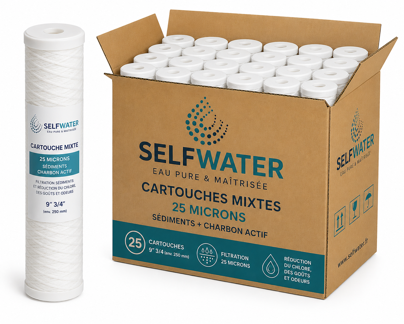 Carton de 25 cartouches mixtes 9"3/4 – 25 microns + charbon actif