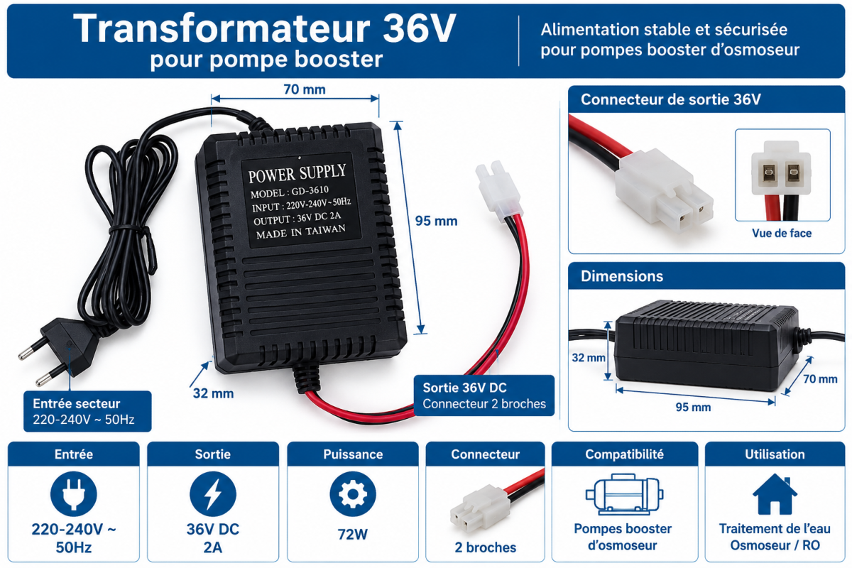 Transformateur 36V pour pompe booster d'osmoseur