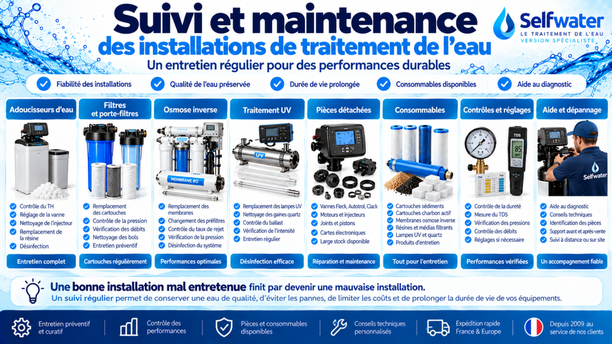 Suivi maintenance traitement de l'eau Selfwater adoucisseur filtration osmose inverse UV pi�ces d�tach�es et consommables