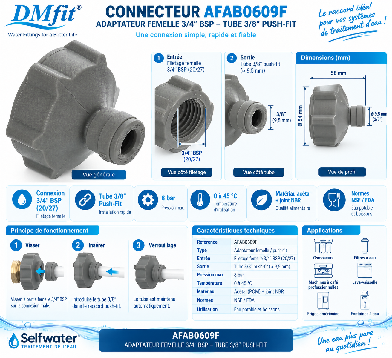 Connecteur DMfit AFAB0609F adaptateur femelle 3/4 BSP tube 3/8 push-fit