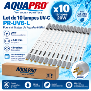 Lot de 10 lampes UV-C Aquapro PR-UV6-L 20 W – Stérilisateur 6 GPM