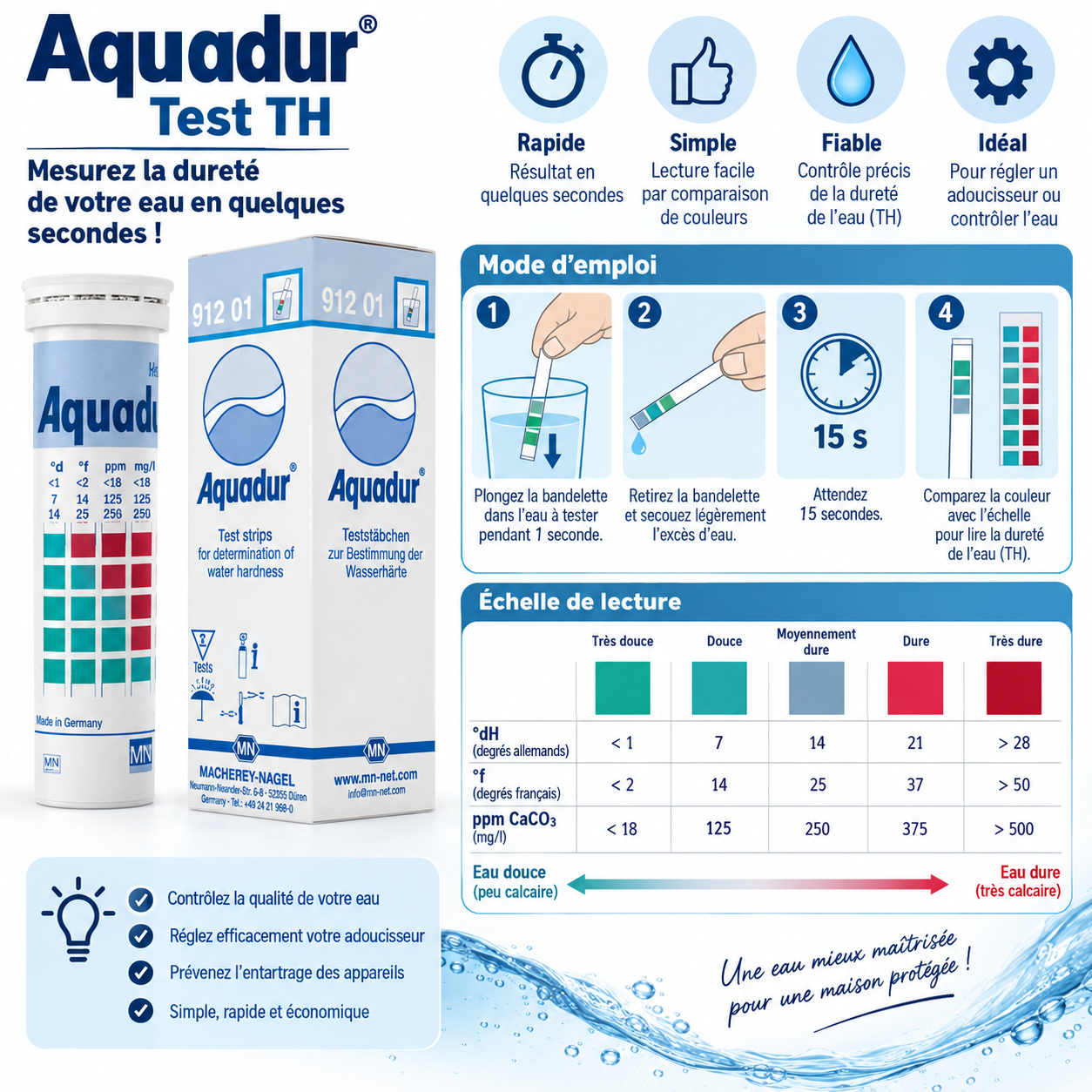 Bandelettes Aquadur Test TH pour mesurer la duret&eacute; de l'eau