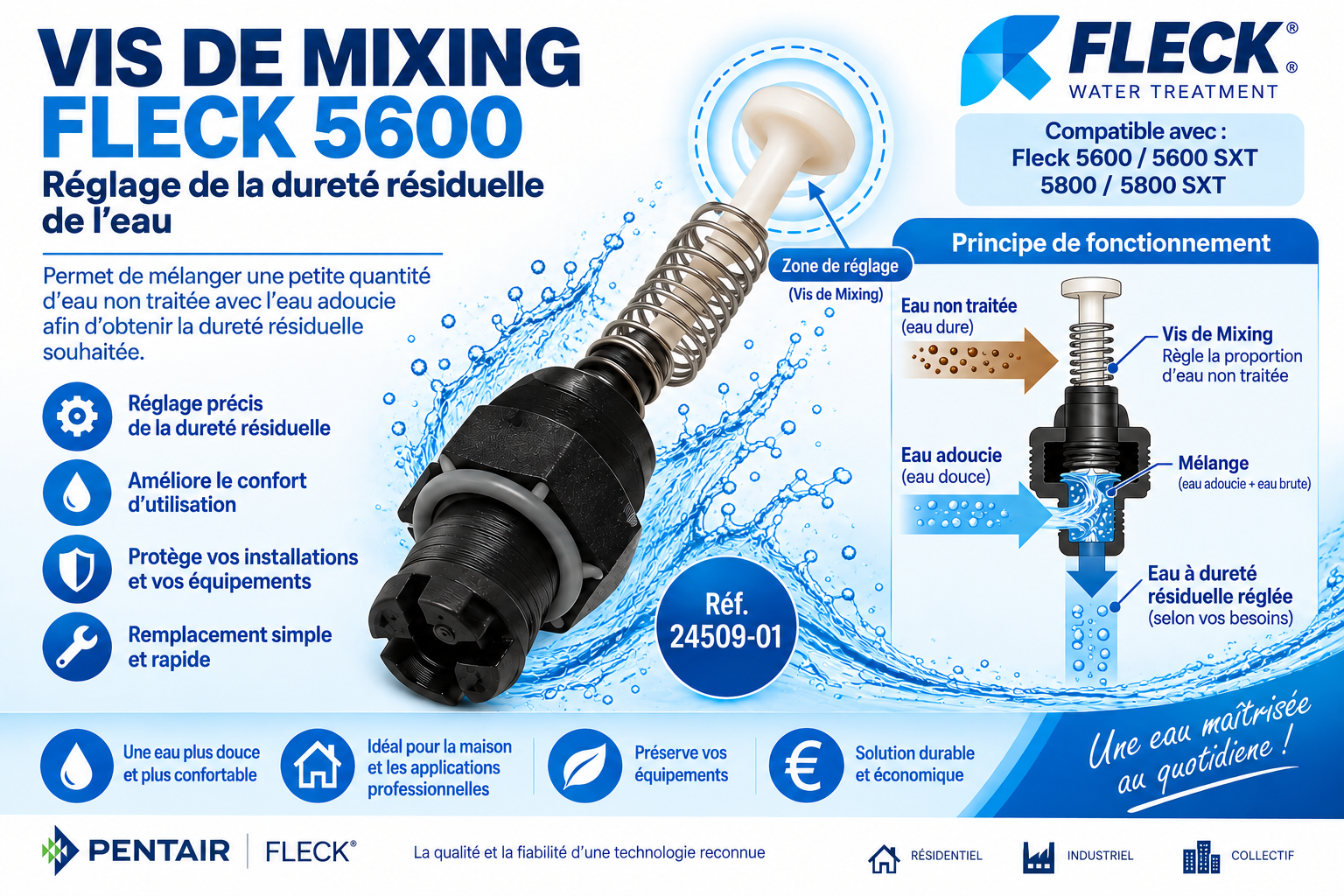 Vis de Mixing Fleck 5600 � r&eacute;glage de la duret&eacute; r&eacute;siduelle � compatible Fleck 5600 SXT, 5800 et 5800 SXT