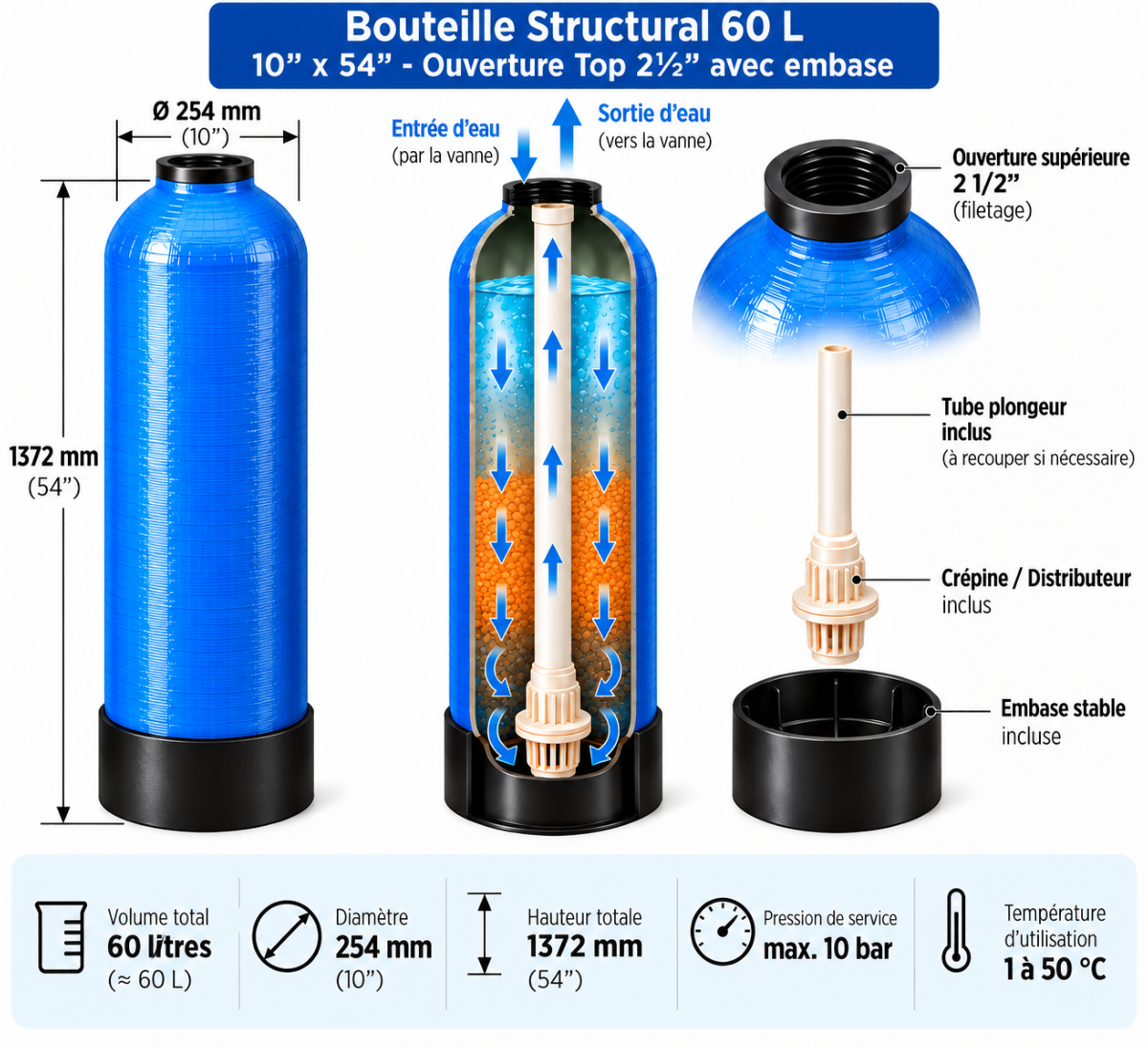 Bouteille Structural 60 L 10 x 54 avec ouverture Top 2� et embase