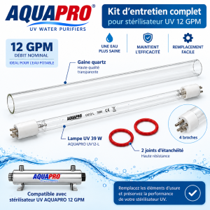 Kit entretien stérilisateur UV AquaPro 12 GPM – Lampe 39 W, gaine quartz et joints
