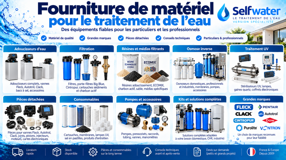 Fourniture mat�riel traitement de l'eau Selfwater adoucisseurs filtration osmose inverse UV pi�ces d�tach�es et consommables