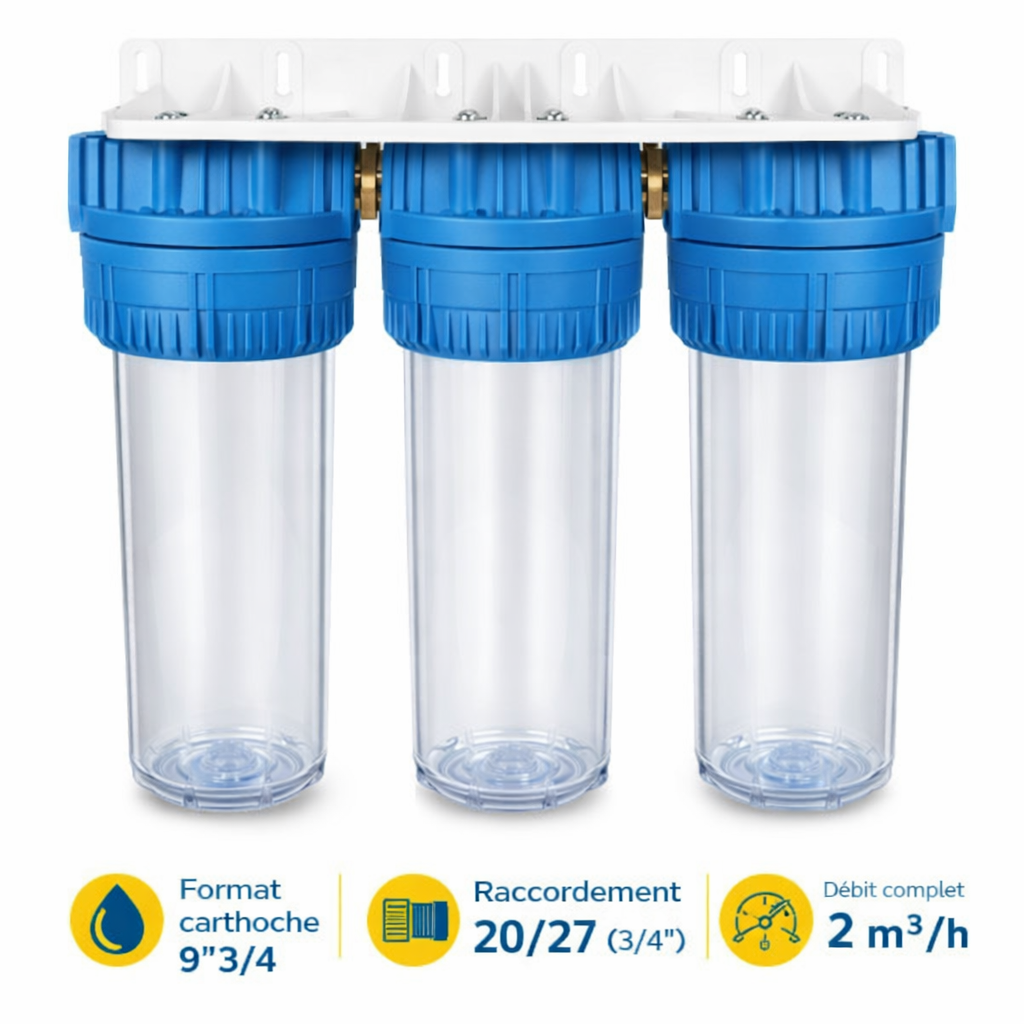 Triple Porte-Filtre Eau 9"3/4 – Station de Filtration 3 Étapes – 20/27 (3/4")