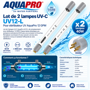 Lot de 2 lampes UV-C 39 W – 4 broches – 850 mm – pour stérilisateur UV 12 GPM