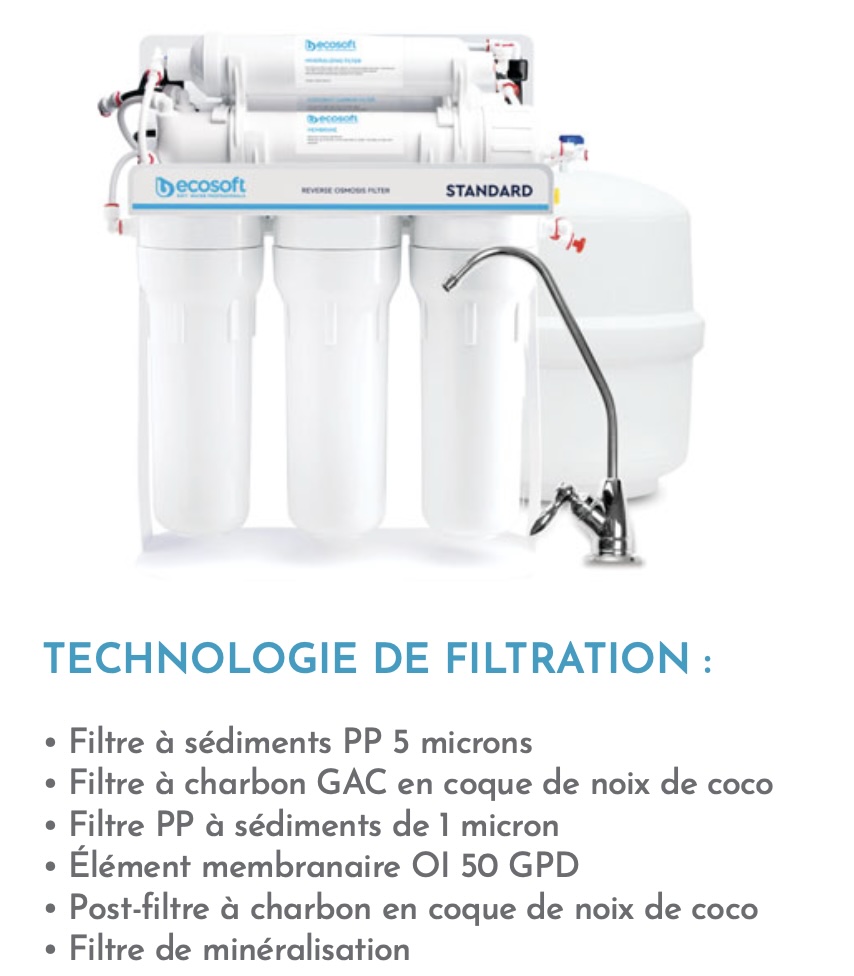 Osmoseur ECOSOFT Standard 50 GPD avec Pompe sur Châssis Métallique – Minéralisation – Réservoir 12 L
